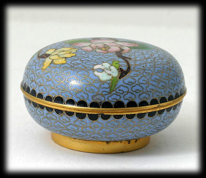 Blue Cloisonne Trinket Jar with Pink Yellow Flowers. Blue Cloisonne Trinket Jar with Pink Yellow Flowers.