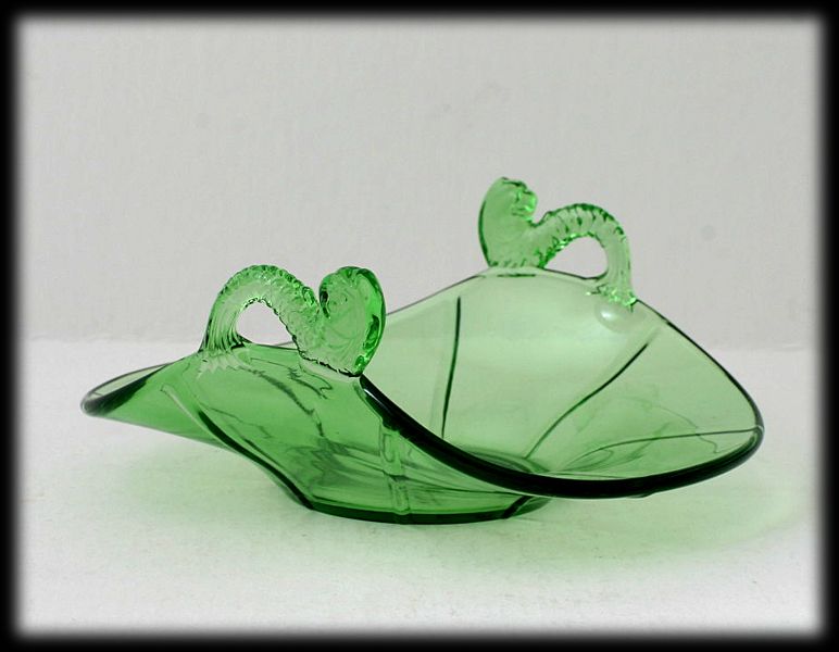 Fenton Green Dolphin Handled Dish Panels Vintage 1920s Art Glass Fenton Green Dolphin Handled Dish Panels Vintage 1920s Art Glass