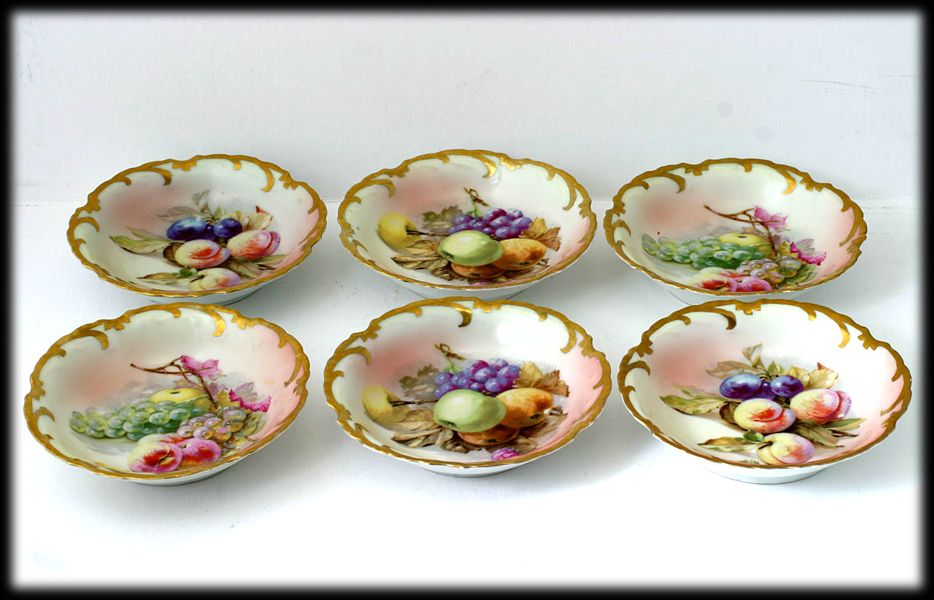 Royal Munich Bavarian Porcelain Bowls Hand Painted Fruits Gold Antique Set 6 Royal Munich Bavarian Porcelain Bowls Hand Painted Fruits Gold Antique Set 6