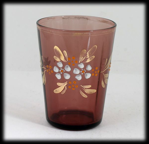 Antique Victorian Amethyst Art Glass Tumblers Enameled Flowers Set 4 Antique Victorian Amethyst Art Glass Tumblers Enameled Flowers Set 4