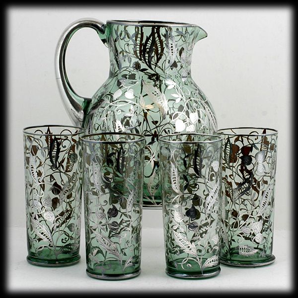 Bohemian Green Glass Pitcher Tumbler Set Vintage Silver Overlay 1930s Bohemian Green Glass Pitcher Tumbler Set Vintage Silver Overlay 1930s
