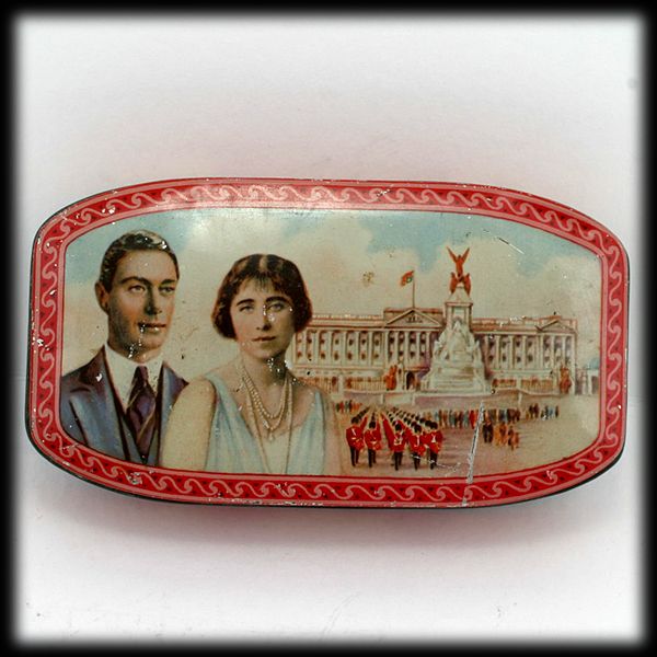 Vintage Toffee Tin King George VI 1937 Portrait Palace Queen Mum Lithograph Vintage Toffee Tin King George VI 1937 Portrait Palace Queen Mum Lithograph