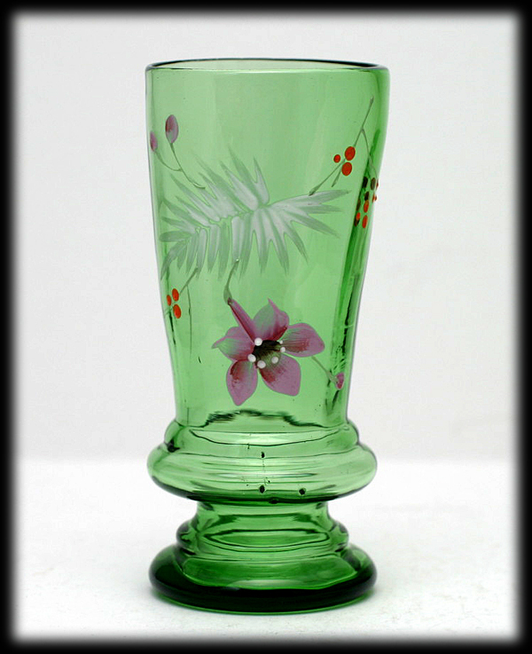 Bohemian Green Enameled Art Glass Claret Jug Pitcher and Tumblers Set Flowers Bohemian Green Enameled Art Glass Claret Jug Pitcher and Tumblers Set Flowers