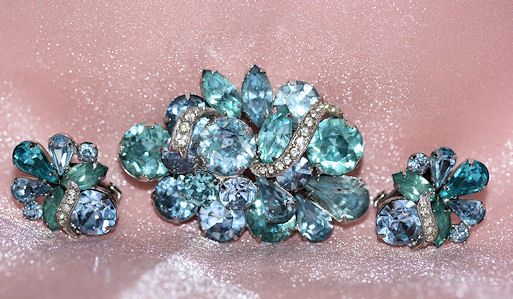 Eisenberg 1950-60's Aqua & Lavender Stone Brooch and Clip Earrings Eisenberg 1950-60's Aqua & Lavender Stone Brooch and Clip Earrings