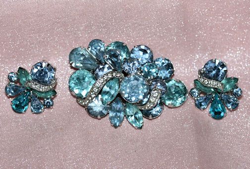Eisenberg 1950-60's Aqua & Lavender Stone Brooch and Clip Earrings Eisenberg 1950-60's Aqua & Lavender Stone Brooch and Clip Earrings