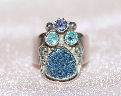 Superb Sterling Ring w/ Drusy Quartz, Amethyst, and blue Topaz Superb Sterling Ring w/ Drusy Quartz, Amethyst, and blue Topaz