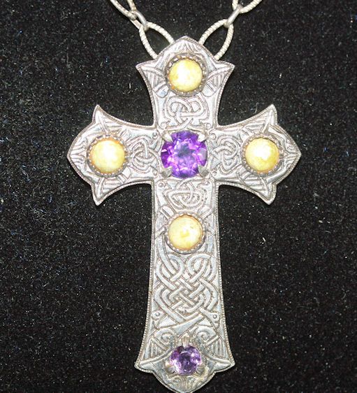 Silver Plated Cross w Amethysts & Scottish Agate Marked Miracle Silver Plated Cross w Amethysts & Scottish Agate Marked Miracle