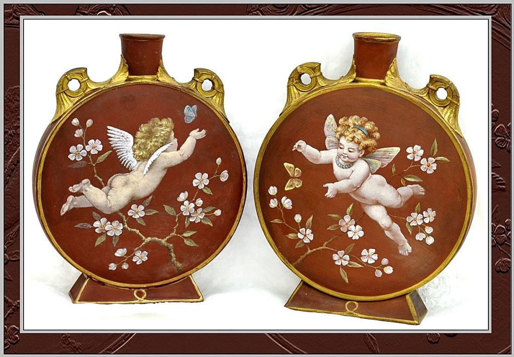 Pair Antique Mintons or Minton Moon Flasks HP Signed Putto Pair Antique Mintons or Minton Moon Flasks HP Signed Putto