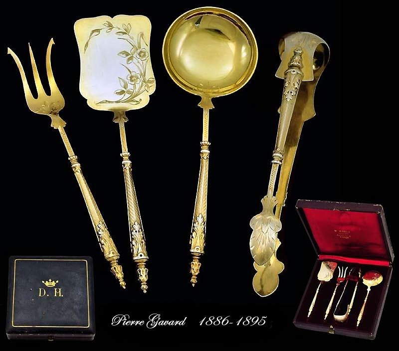 Pierre Gavard: Antique French Sterling Vermeil Hors d'Oeuvres Set Boxed Crown! Pierre Gavard: Antique French Sterling Vermeil Hors d'Oeuvres Set Boxed Crown!