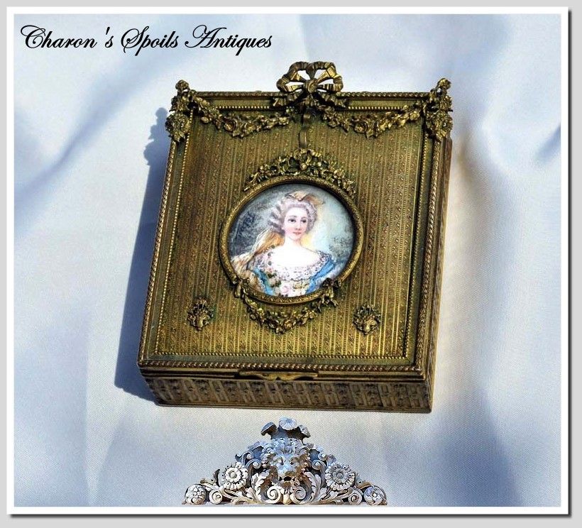 Antique French Dore Bronze Casket w/ HP Portrait Miniature on Ivory Antique French Dore Bronze Casket w/ HP Portrait Miniature on Ivory