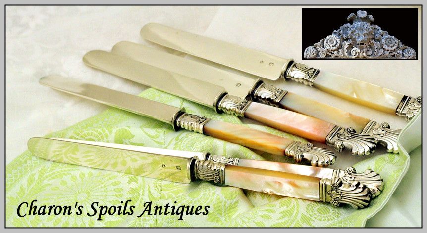 Pierre Queille: Antique French Sterling Mother of pearl Dessert Knife Set 12 BOX Pierre Queille: Antique French Sterling Mother of pearl Dessert Knife Set 12 BOX