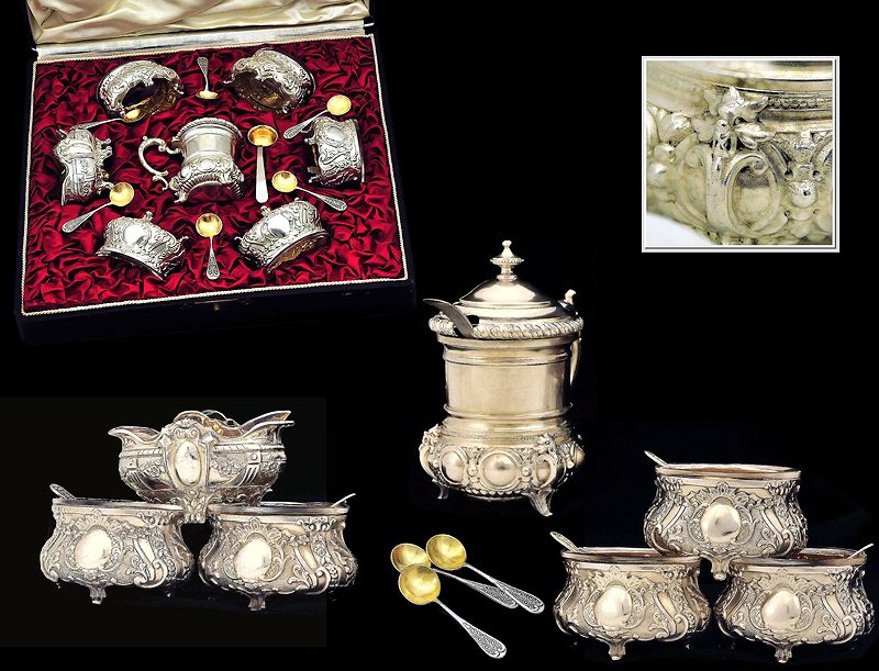 Antique French Sterling & Silver Boxed Condiment Set 6 Salt Cellars and 1 Mustard Antique French Sterling & Silver Boxed Condiment Set 6 Salt Cellars and 1 Mustard