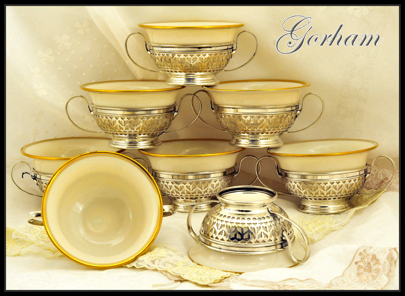 Gorham: Antique Sterling Silver & Porcelain Bouillon Service for 8 Gorham: Antique Sterling Silver & Porcelain Bouillon Service for 8