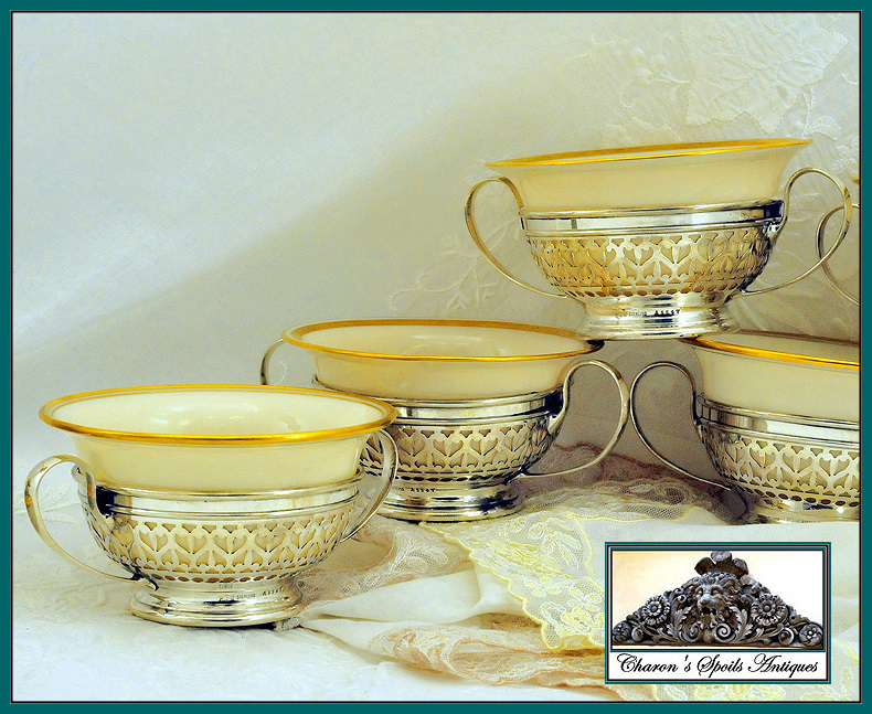 Gorham: Antique Sterling Silver & Porcelain Bouillon Service for 8 Gorham: Antique Sterling Silver & Porcelain Bouillon Service for 8