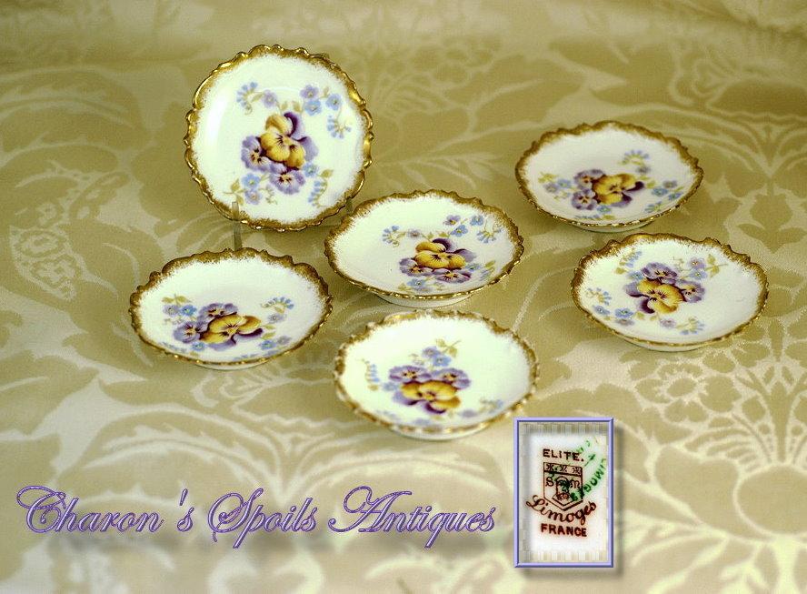 Set 6 Antique Hand Painted Butter Pats: Elite Limoges: Pansies! Set 6 Antique Hand Painted Butter Pats: Elite Limoges: Pansies!