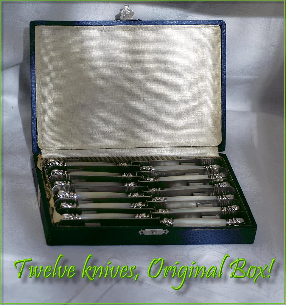 12 Exquisite Rare Antique French Silver Mother of Pearl Knife Set 12 Exquisite Rare Antique French Silver Mother of Pearl Knife Set