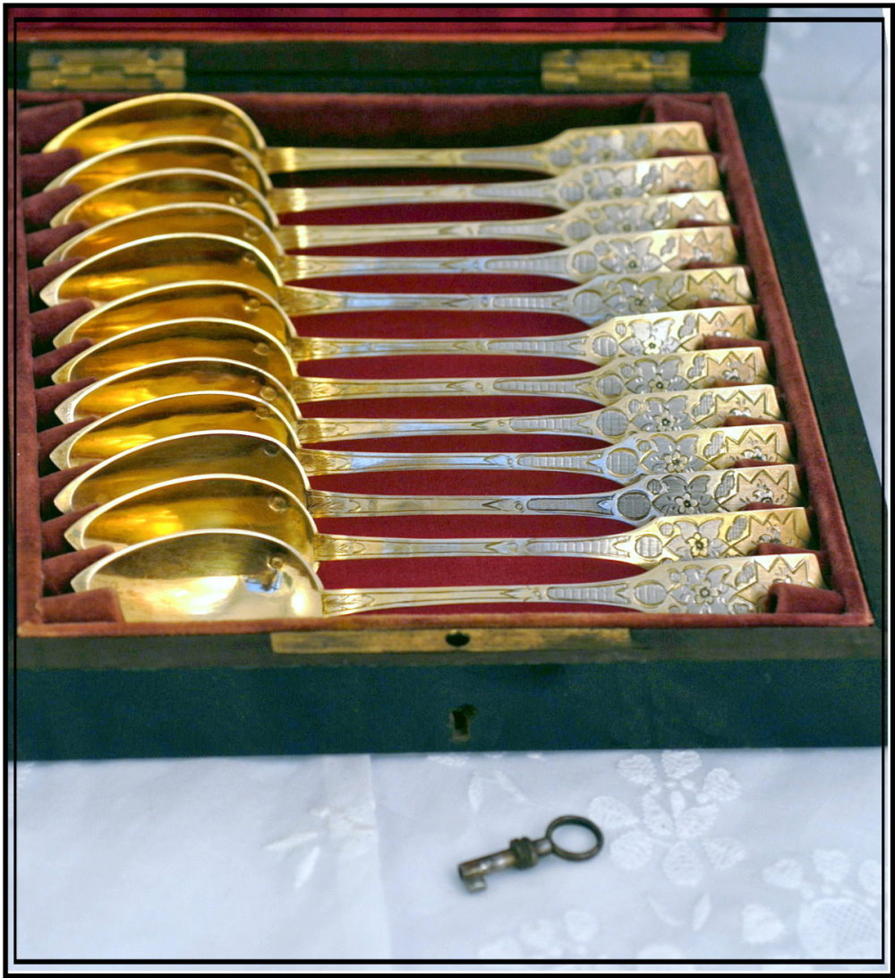 Antique French Vermeil Silver Coffee Spoon Set Rosewood Box & Key Antique French Vermeil Silver Coffee Spoon Set Rosewood Box & Key