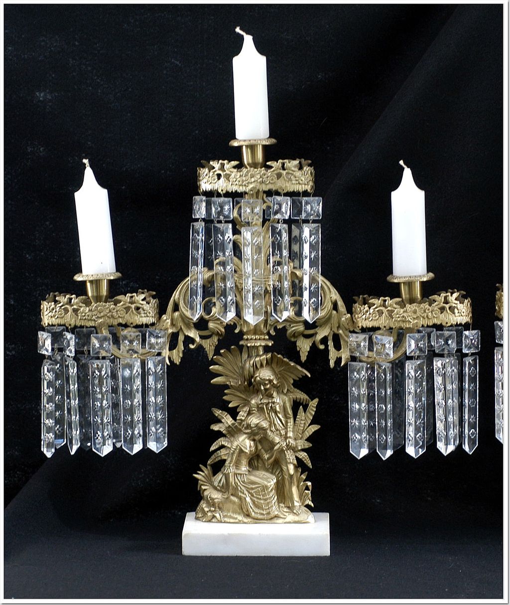 Pair Paul & Virgina Three Light Girandoles Mantel Garnitures Pair Paul & Virgina Three Light Girandoles Mantel Garnitures