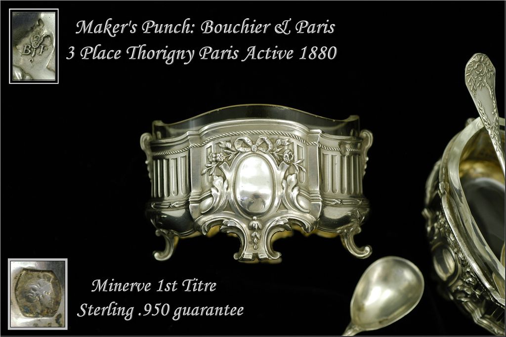 Louis XVI Style Antique French Sterling Vermeil Open Salt Liner & Spoon Set Louis XVI Style Antique French Sterling Vermeil Open Salt Liner & Spoon Set