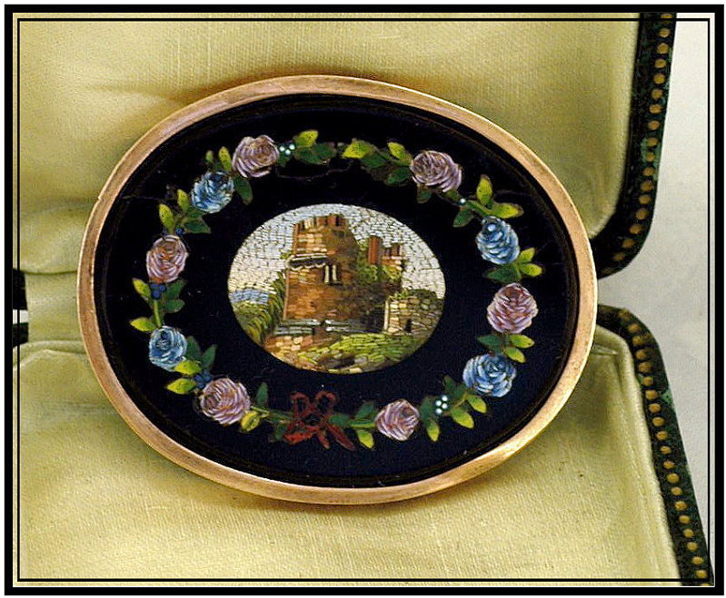Antique 14k Gold Cased Micro Mosaic Brooch: Tomb of Cecilia Metella Antique 14k Gold Cased Micro Mosaic Brooch: Tomb of Cecilia Metella