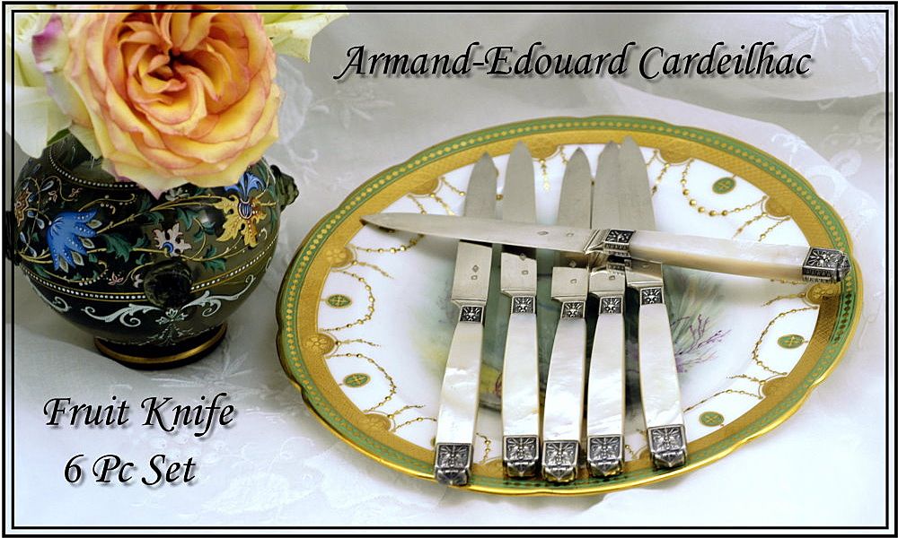 Cardeilhac: Antique French Sterling & Mother of Pearl Fruit Knives, Knife Set 6 Cardeilhac: Antique French Sterling & Mother of Pearl Fruit Knives, Knife Set 6