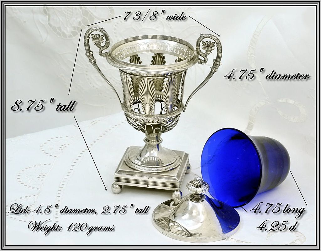 Antique French Sterling & Cobalt Confiturier, Sugar: Garreau Antique French Sterling & Cobalt Confiturier, Sugar: Garreau