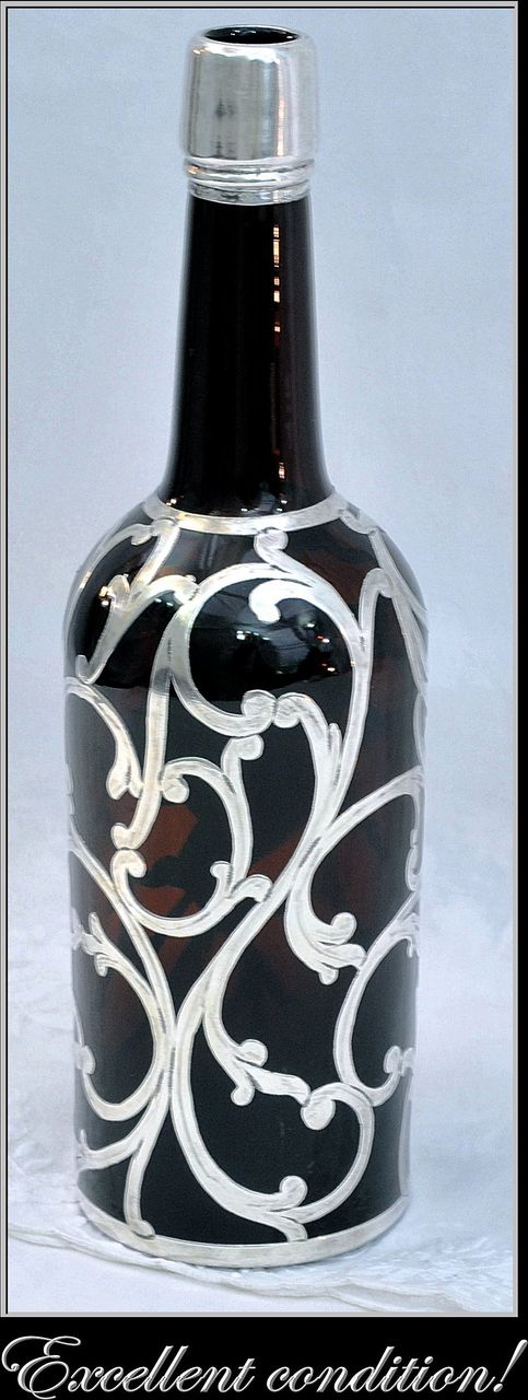 Sterling Overlay Amber Glass Wine Liquor Bottle Sterling Overlay Amber Glass Wine Liquor Bottle