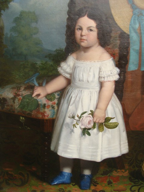 Painting of a little girl in a white dress with a rose by J.Golinbiesky 1846 Painting of a little girl in a white dress with a rose by J.Golinbiesky 1846