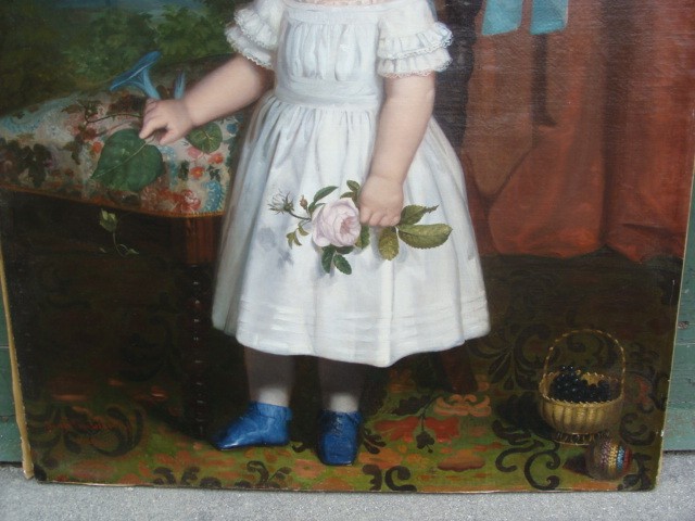 Painting of a little girl in a white dress with a rose by J.Golinbiesky 1846 Painting of a little girl in a white dress with a rose by J.Golinbiesky 1846