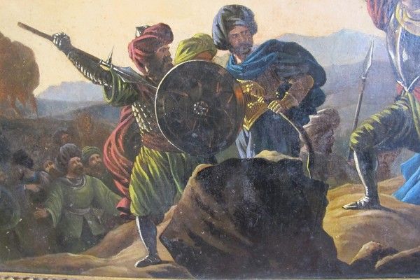 Antique painting depicting an oriental battle scene,19th century Antique painting depicting an oriental battle scene,19th century