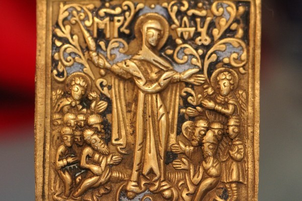 Antique Russian Brass and enamel Icon depicting the Holy Virgin, 19th century Antique Russian Brass and enamel Icon depicting the Holy Virgin, 19th century