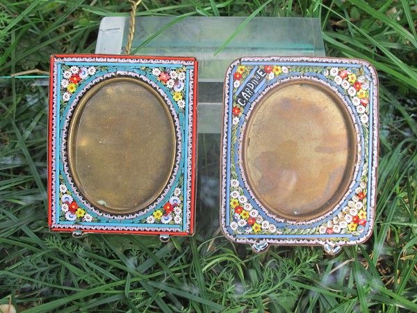 Pair of Micro Mosaic frames depicting colourful flowers on a turquoise ground Pair of Micro Mosaic frames depicting colourful flowers on a turquoise ground