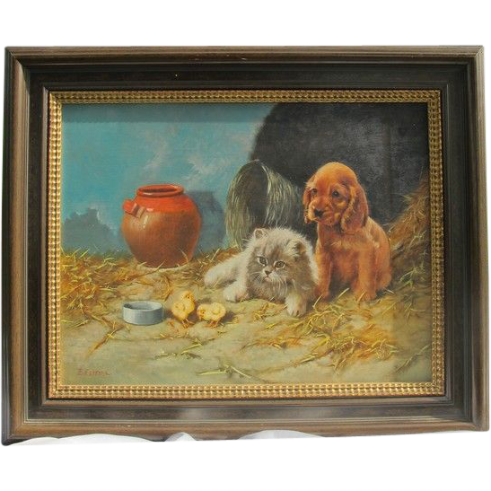 Painting of a dog and a cat looking at chickens, oil on canvas by Enrico Cerrone born in Naples 1935 Painting of a dog and a cat looking at chickens, oil on canvas by Enrico Cerrone born in Naples 1935