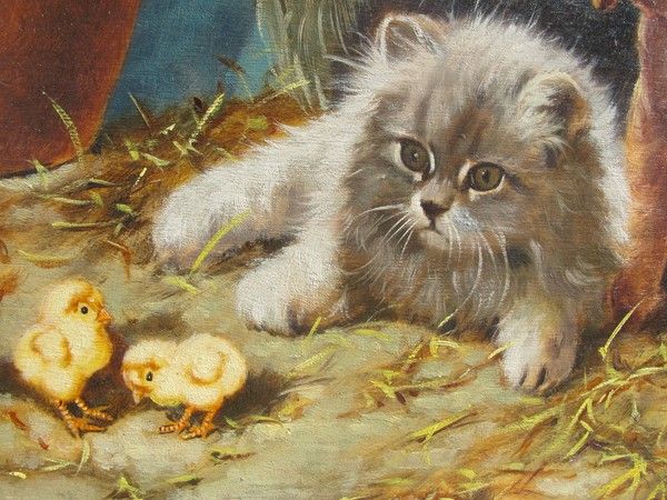 Painting of a dog and a cat looking at chickens, oil on canvas by from