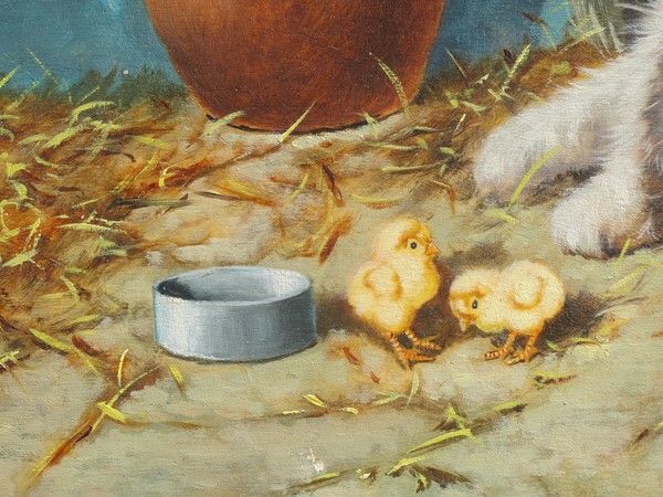 Painting of a dog and a cat looking at chickens, oil on canvas by Enrico Cerrone born in Naples 1935 Painting of a dog and a cat looking at chickens, oil on canvas by Enrico Cerrone born in Naples 1935