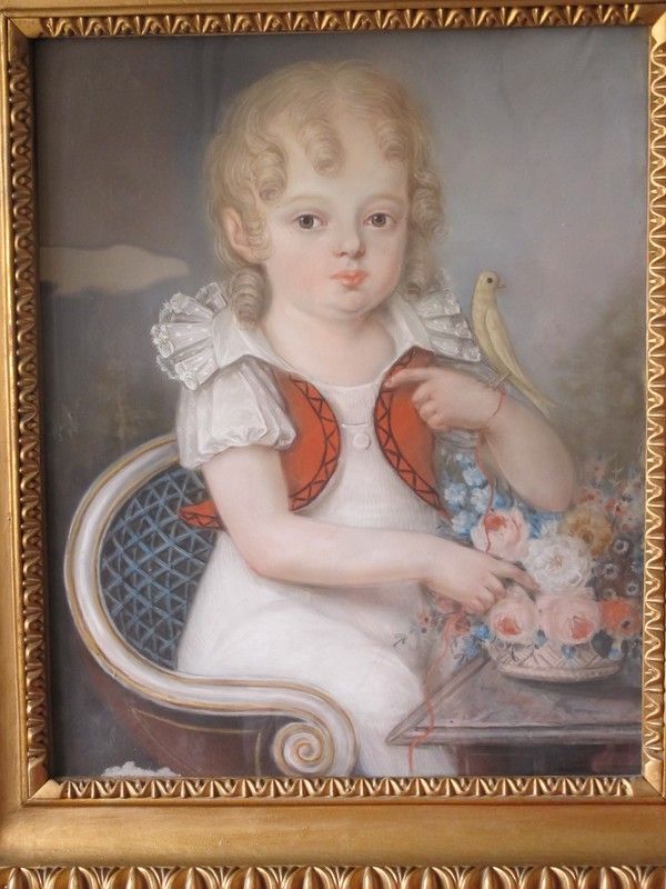 Antique Biedermeier chalk drawing depicting a little girl with a canary,dated at about 1830 Antique Biedermeier chalk drawing depicting a little girl with a canary,dated at about 1830