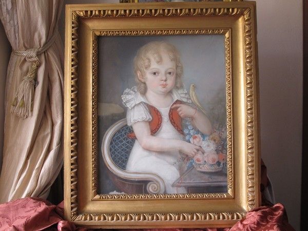 Antique Biedermeier chalk drawing depicting a little girl with a canary,dated at about 1830 Antique Biedermeier chalk drawing depicting a little girl with a canary,dated at about 1830