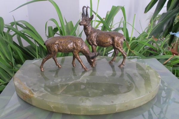 Two Vienna Bronze figures modelled as two deer standing on an oval Nephrite pen tray,early 20th century Two Vienna Bronze figures modelled as two deer standing on an oval Nephrite pen tray,early 20th century