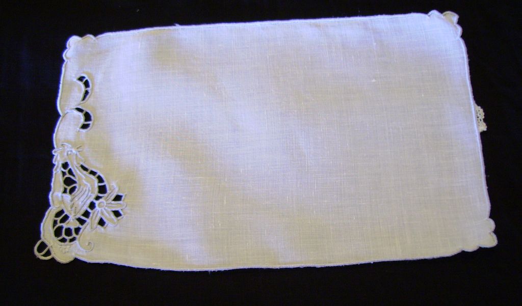 Set of Six Large Linen and Cutwork Rooster Cocktail Napkins Set of Six Large Linen and Cutwork Rooster Cocktail Napkins