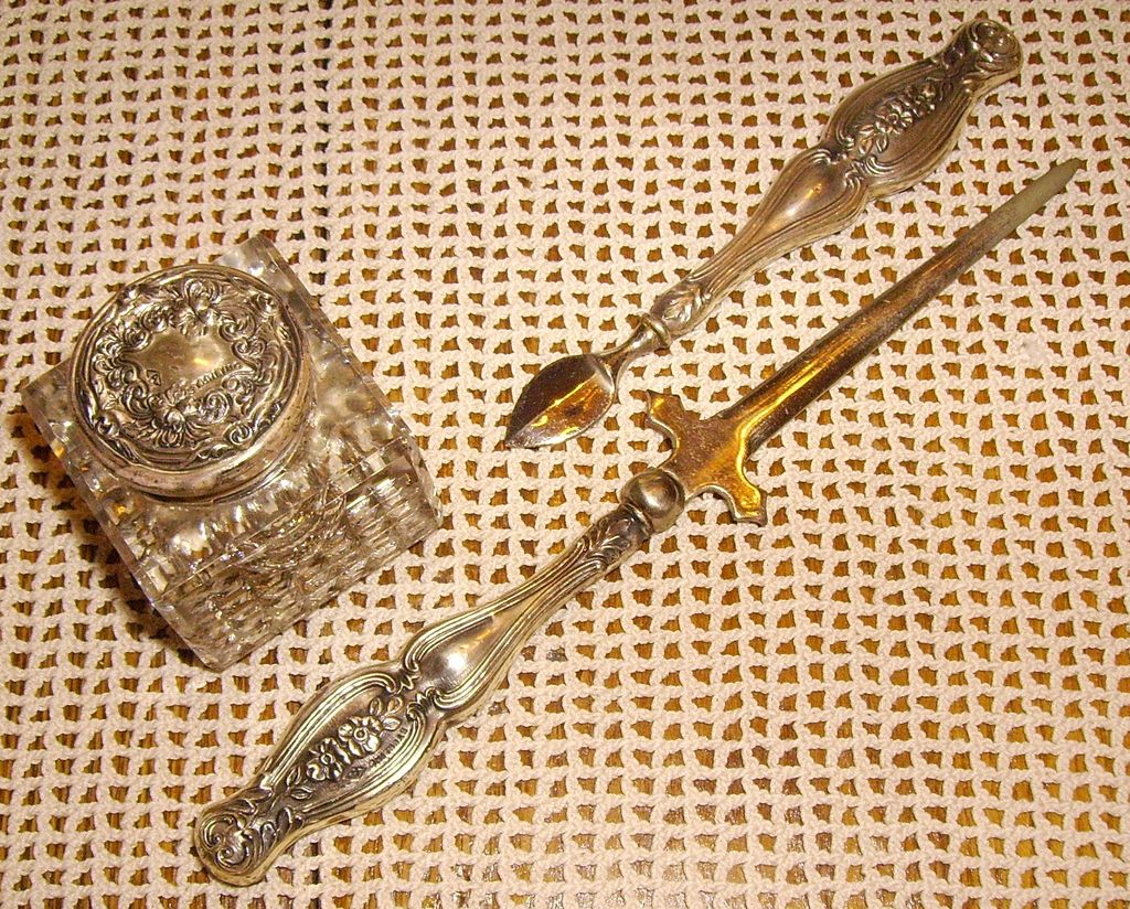 Art Nouveau Sterling Silver Desk Letter Set w/ Ink Well & Letter Opener Art Nouveau Sterling Silver Desk Letter Set w/ Ink Well & Letter Opener