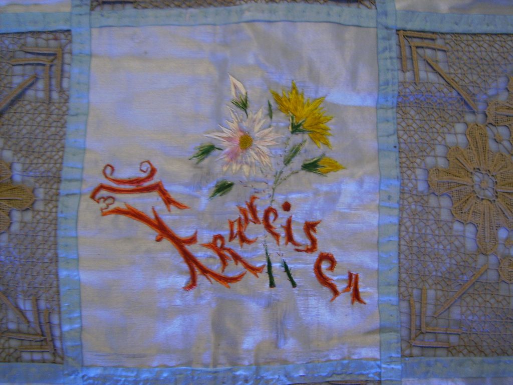 French Victorian Silk Baby Quilt with Silk Embroidery and Needle Lace French Victorian Silk Baby Quilt with Silk Embroidery and Needle Lace
