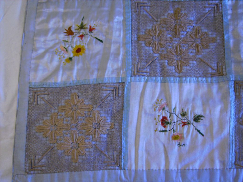 French Victorian Silk Baby Quilt with Silk Embroidery and Needle Lace French Victorian Silk Baby Quilt with Silk Embroidery and Needle Lace