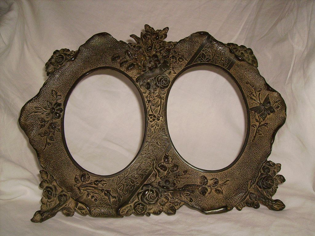 Victorian Bronze Double Picture Frame with Butterfly & Flowers Victorian Bronze Double Picture Frame with Butterfly & Flowers