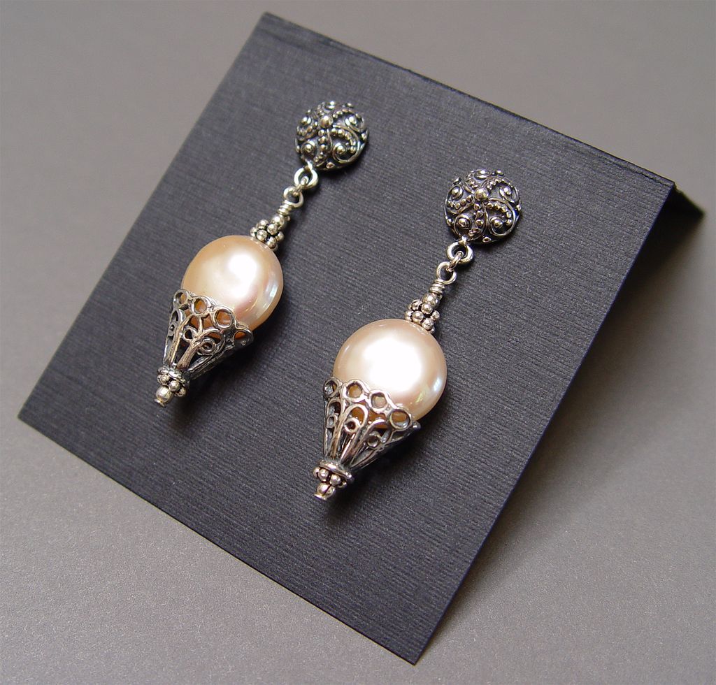 Byzantion II - Peach Coin Pearl and Sterling Filigree Drops Byzantion II - Peach Coin Pearl and Sterling Filigree Drops