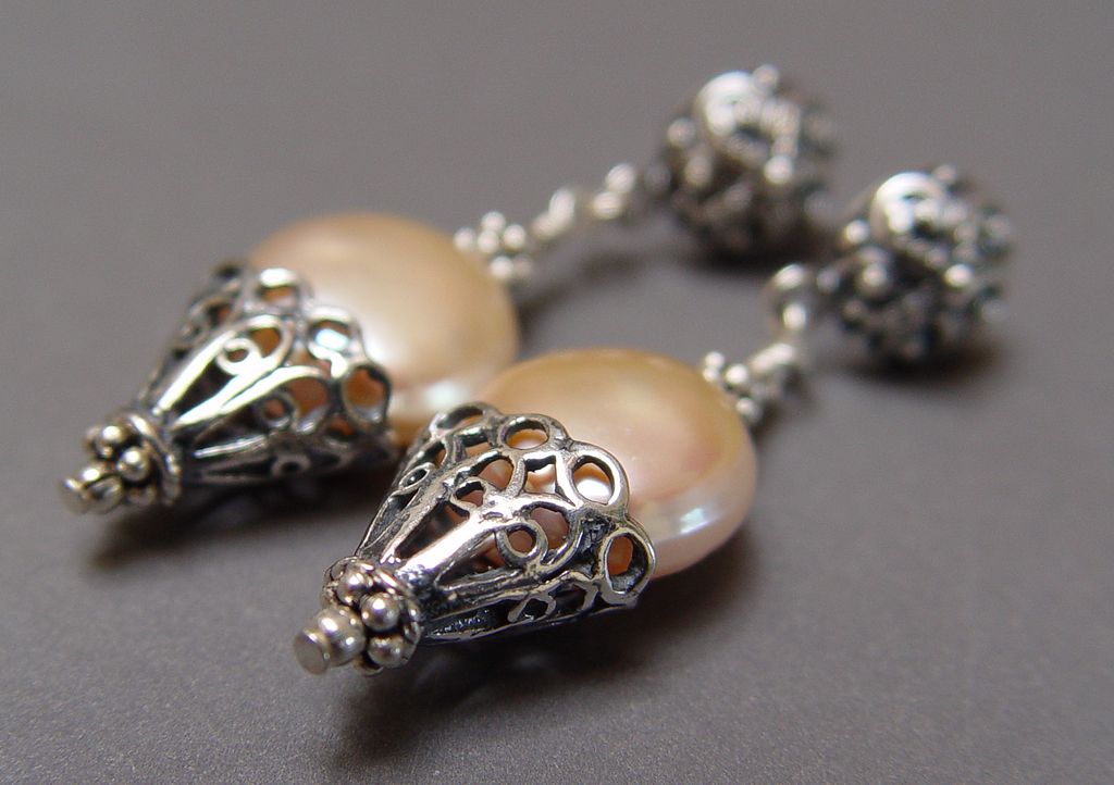 Byzantion II - Peach Coin Pearl and Sterling Filigree Drops Byzantion II - Peach Coin Pearl and Sterling Filigree Drops