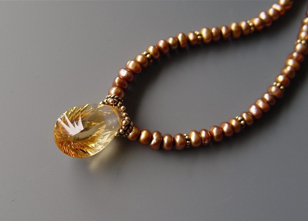 Mel Antiquum - Bright Citrine and Antiqued Gold Freshwater Pearl Necklace Mel Antiquum - Bright Citrine and Antiqued Gold Freshwater Pearl Necklace