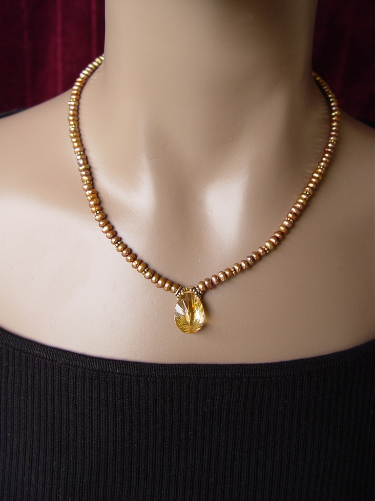 Mel Antiquum - Bright Citrine and Antiqued Gold Freshwater Pearl Necklace Mel Antiquum - Bright Citrine and Antiqued Gold Freshwater Pearl Necklace