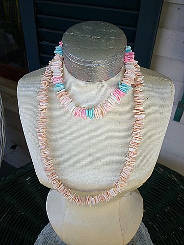 Puka Shell Pair Pink Blue White Bracelet and Pink Necklace Puka Shell Pair Pink Blue White Bracelet and Pink Necklace