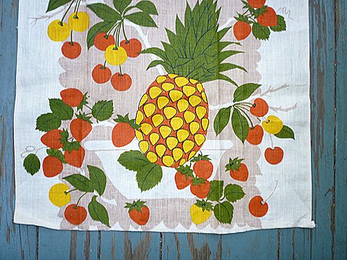 Pineapples Cherries and Strawberries Linen Towel Pineapples Cherries and Strawberries Linen Towel