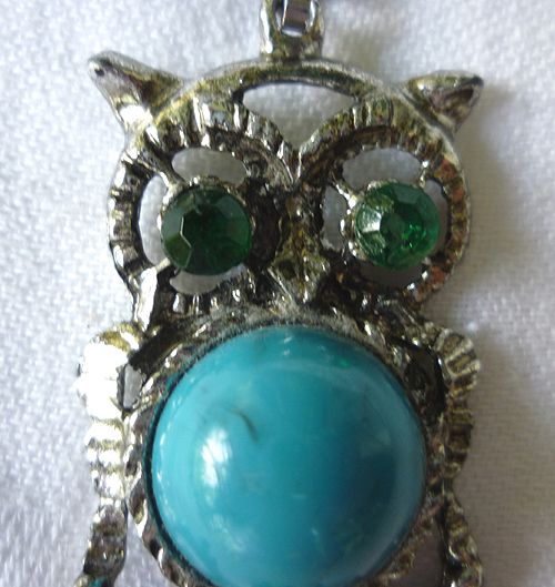 Owl Pendant on Chain Green Eyes Blue Tummy Owl Pendant on Chain Green Eyes Blue Tummy